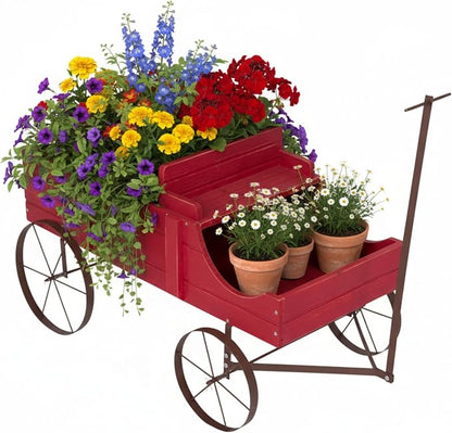 Shine Company Decorative Wagon Garden Planter, Wooden Wagon Yard Décor for Outdoor Plants, Large, Red