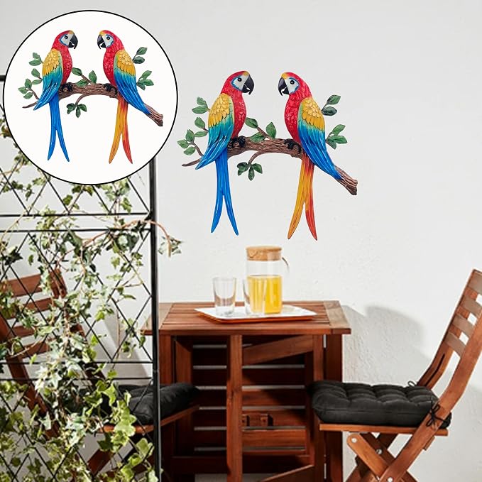 Limygus Colorful Hand-Painted Tropical Macaw Parrot Metal Wall Decor, Indoor Outdoor Hanging Ornament for Yard Patio Fence