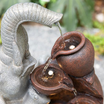 Glitzhome Outdoor Water Fountain, 4-Tiered Elephant and Pot Outdoor Fountain with Lights, 18.5" H Polyresin Decorative Waterfall Feature Garden Fountain with Pump for Patio, Yard, Deck, Porch Decor