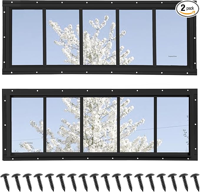 Shed Windows 2 Pack, Fixed Transom Windows 10" x 29" Black | Small Chicken Coop Windows with Tempered Glass for Shed, Barns, Playhouse, Household, Garage