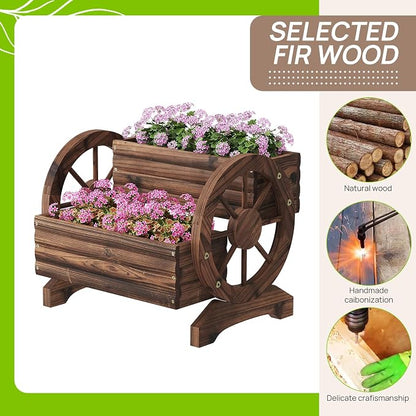 Wooden Wagon Planter with Wheels,Flower Pots, Carbonized, Large | Flower Cart Design, Outdoor Garden Use, Indoor & Backyard Compatible, Patio & Balcony Decor