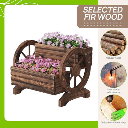 Wooden Wagon Planter Cute Garden Flower Pots Cart with wheels, Outdoor Decoration decor Indoor, Drainage hole, Garden decor for succulents herbs veggies for porch patio balcony (Carbonized, Medium)