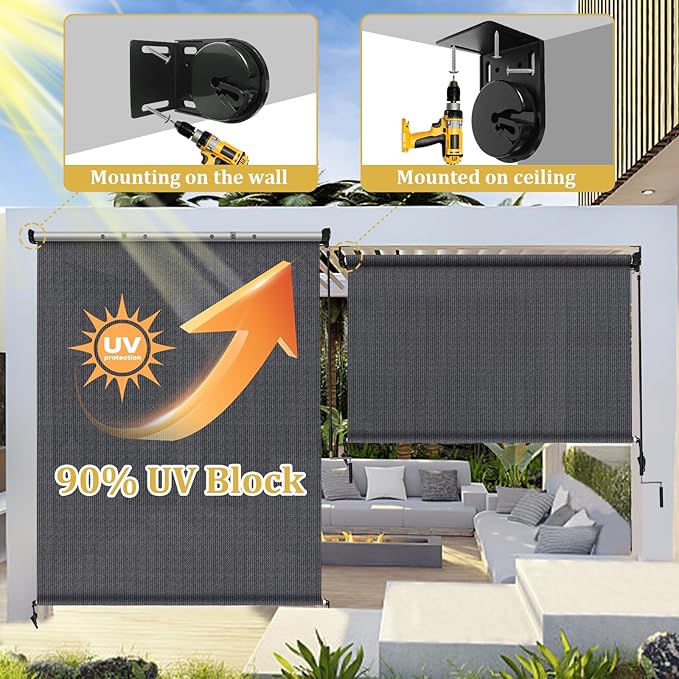 Shade&Beyond Outdoor Roller Shades with Splicing Design, 6' W x 6' H Cordless Patio Roll Up Blinds, Exterior Shade Cloth Roll for Porch, Gazebo, Pergola, Balcony, Blue Gray
