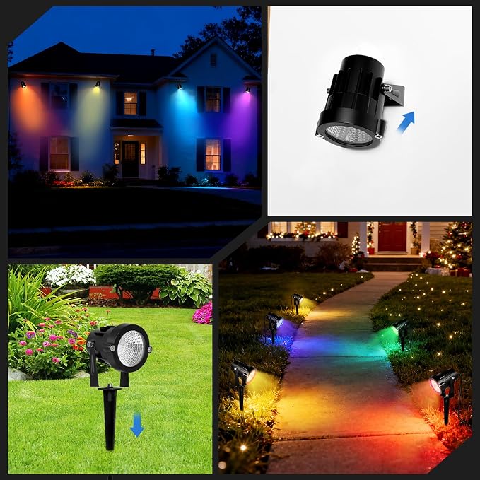 Halloween Christmas Spotlights Outdoor: RGBW Spot lights Plug in 120V Remote Control 16 Color Changing Waterproof LED Landscape Spotlights for Yard Garden Lawn Holiday Décor, 6 Pack (RGB + Warm Light)