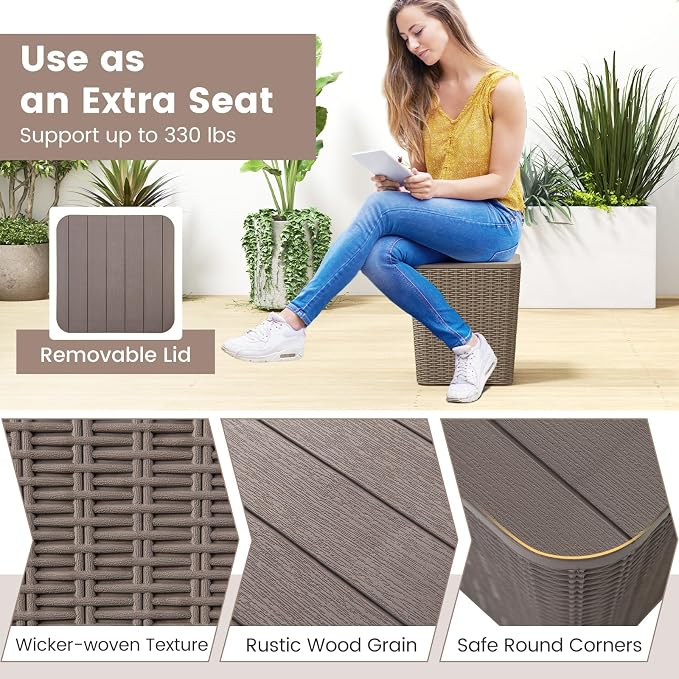 Giantex 11.5 Gallon Deck Box, Outdoor Side Table with Removable Lid, Faux Wicker-Woven, 330Lbs Capacity, Outside Waterproof Storage Box, Resin Rattan Small Coffee Table for Patio Poolside (Brown)