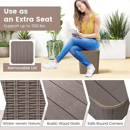 Giantex 11.5 Gallon Deck Box, Outdoor Side Table with Removable Lid, Faux Wicker-Woven, 330Lbs Capacity, Outside Waterproof Storage Box, Resin Rattan Small Coffee Table for Patio Poolside (Brown)