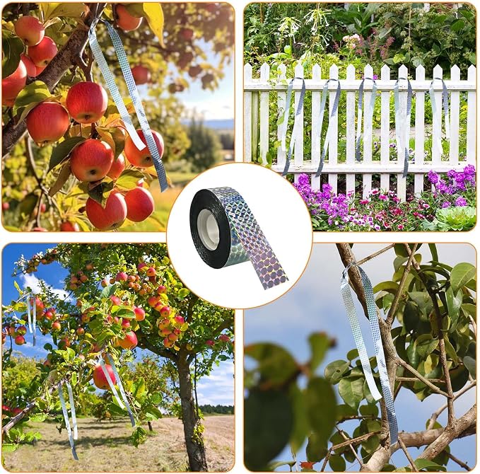 Bird Scare Reflective Tape 328feet Double-Sided Bird Scare Tape with 100PCS Adhesive Tapes Swallow Shield Reflective Ribbon Tape to Repelling Sparrows, Woodpeckers for Gardens, Farms, Orchards