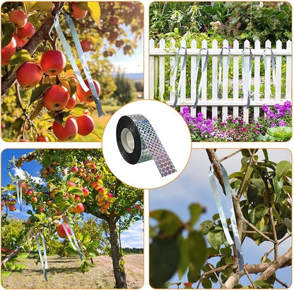 Bird Scare Reflective Tape 328feet Double-Sided Bird Scare Tape with 100PCS Adhesive Tapes Swallow Shield Reflective Ribbon Tape to Repelling Sparrows, Woodpeckers for Gardens, Farms, Orchards