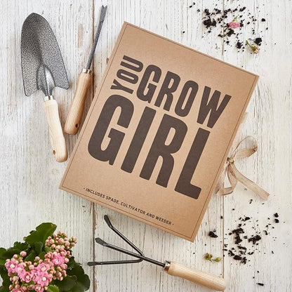 Santa Barbara Design Studio Garden Tool Set - Gift Boxed Steel Spade Cultivator & Weeder Gardening Essentials, 3-Pieces, You Grow Girl