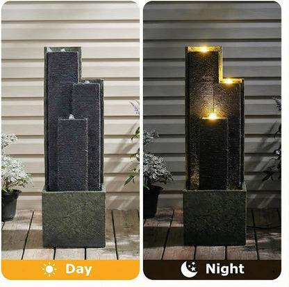 40 Inch Outdoor Water Fountain with LED Light, Modern Cascading Freestanding Resin Waterfall Feature, Tall Garden Decor for Patio Porch Lawn Backyard