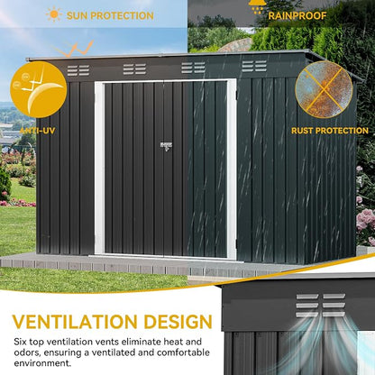 DWVO 8.5x3.5ft Large Outdoor Storage Shed, Metal Tool Sheds, Heavy Duty Tool Storage with Lockable Doors & Air Vent for Backyard Patio Lawn to Store Bikes, Tools, Lawnmowers, Dark Gray