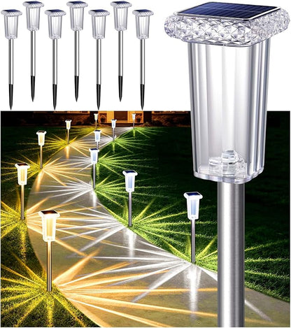 DenicMic Solar Lights Outdoor Waterproof 8 Pack 10 Modes Halloween Decor | 3000K/4000K/6000K/6 Fix Color/Color Changing LED Pathway Yard Garden Walkway Driveway, Acrylic Lampshade Stainless Steel Pole