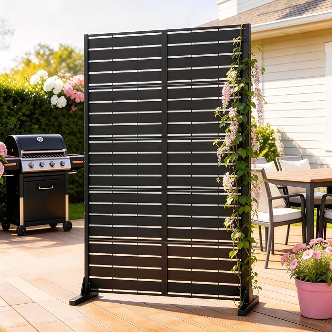 Privacy Screen Outdoor, 72"x44" Room Divider 5-Panel, Freestanding | Slatted Steel Privacy Fence with Ground Stakes, Weatherproof Divider for Balcony, Patio, Deck & Yard