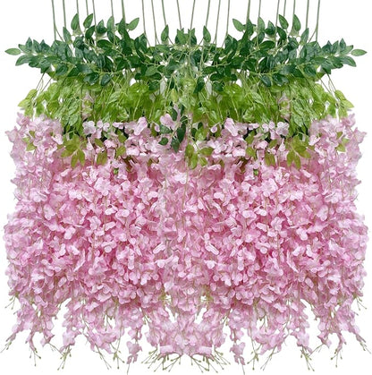 Artificial Wisteria Hanging Flowers Fake Wisteria Flower Garland Silk Vines Rattan Decor for Home Wedding Arch Wall Garden Greenery Bedroom Outdoor Office Party Decoration (24, Light Pink)