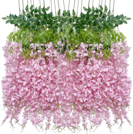 Artificial Wisteria Hanging Flowers Fake Wisteria Flower Garland Silk Vines Rattan Decor for Home Wedding Arch Wall Garden Greenery Bedroom Outdoor Office Party Decoration (24, Light Pink)