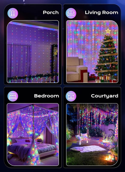 Brightown 300 LED Fairy Curtain Lights, Curtain String Lights, USB Plug in 8 Lighting Modes Christmas Decoration, Hanging Lights with Remote for Bedroom Indoor Weddings Dorm Multicolor 1 Pack