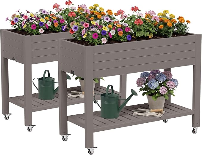 Fancyango Raised Garden Bed with Wheels 33.7" Hx2 -Gray | Resin Elevated Garden Planter Box with Drainage, Outdoor Planter Box for Veggies Herbs Patio Balcony Backyard