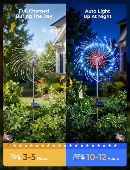 Red White Blue Solar Lights Outdoor, 4th of July Decorations, 2 Pack 150LED Solar Firework Patriotic Decor, Fourth of July Fairy Lights with 8 Modes for Yard Garden Pathway Patio Independence Day