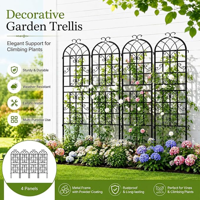 2-Pack 71" Black Metal Garden Trellises with Butterfly Design | Black metal trellises with butterfly arch design, scrollwork, spiked legs, and vertical support for roses, vines, or veggies
