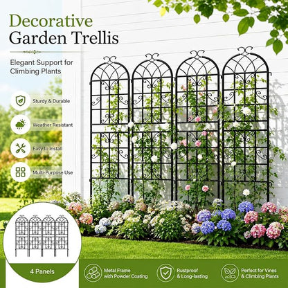 2-Pack 71" Black Metal Garden Trellises with Butterfly Design | Black metal trellises with butterfly arch design, scrollwork, spiked legs, and vertical support for roses, vines, or veggies