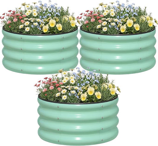 SnugNiture 3 Pcs 2x2x1ft Round Galvanized Raised Garden Bed Kit Outdoor, Metal Planter Box for Planting Plants Vegetables, Green
