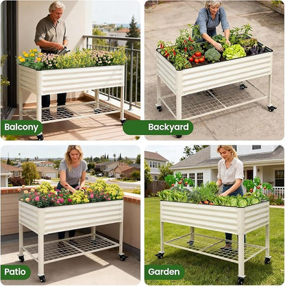 Elevated Raised Garden Bed 2' x 4' - Galvanized Planter Boxes with Legs, Wheels, and Storage Rack, Outdoor Planters for Backyard/Patio/Balcony with Drainage Holes for Vegetables, Flowers, Herbs, White