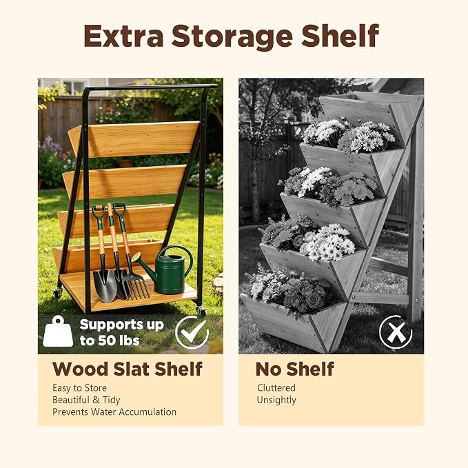 4-Tier Vertical Garden Planter on Wheels, Tiered Planter Outdoor with Storage Shelf for Vegetables Flowers Herbs, Mobile Vertical Planter Garden Bed with Handle for Patio Yard, Brown