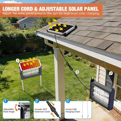 Solar Bug Zapper Outdoor Waterproof, 4500V Rechargeable Mosquito Zapper with Solar Panel Sensor, Auto ON/Off, 10ft Extension Cord & Solar Powered Bug Zapper, Cordless Insect Zap for Patio Yard Garden