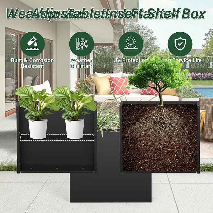 Metal Tall Planter 30" L x 10" W x 26" H | Long Rectangular Planter Box, Drainage Holes & Removable Shelf, Heavy Duty Steel Planter for Tall Plants, Flowers or Shrubs