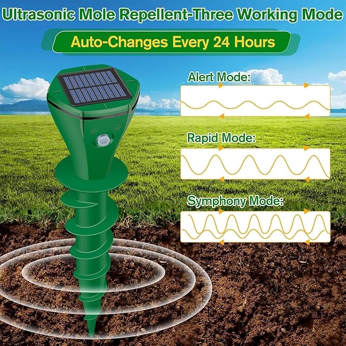 Ultrasonic Mole Repellent Outdoor, Gopher Repeller Solar Powered for Lawn Garden Yard, Mole and Vole Repellent Waterproof, Effectively Repels Gophers Snake Chipmunks Groundhogs-4 Pack-Green