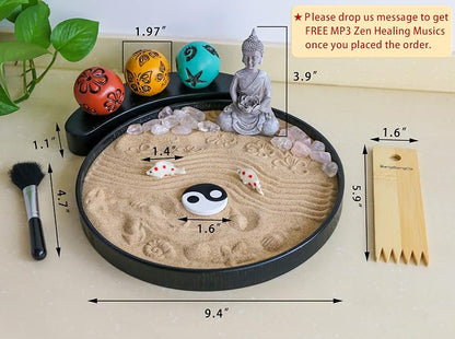Japanese Meditation Buddha Zen Garden Kit - Tabletop Crystal Rock Sand Garden for Desk Sandbox w/Zen Rake Stamp Spheres Accessories Tools Healing Stone Office Relaxation Decor Gift
