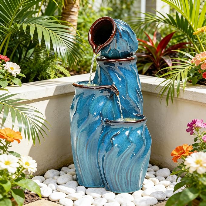 29" Outdoor Water Fountain, Stacked Pots Ceramic Outdoor Fountain | 4-Tier Waterfalls for Garden, Patio, Yard, or Porch Decor, Creating Relaxing Serene Oasis, Dynamic Wave-Texture, Turquoise