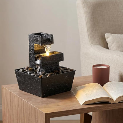 8 Inch Modern Black Tabletop Water Fountain with LED Light – Indoor Waterfall Feature for Home or Office Décor, Zen Relaxation Desktop Water Fountain Outdoor