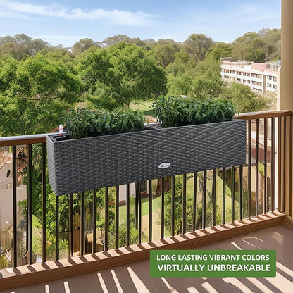 Dexceder 31.5 Inch Self Watering Rail Window Box with Bracket (Deep Gray) | Thickened Large Rattan Planter Flower Plant Pot with Water Level Indicators Indoor Outdoor