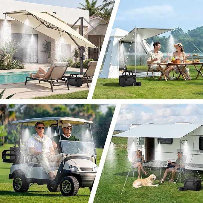 homenote Portable Misting System – 12,000mAh Pump, 20L Water Bucket, Misting Hose, 4 Brass Nozzles, Outdoor Cooling Misters for Canopy/Camping/Umbrella/Golf Cart/Dugout/Greenhouse
