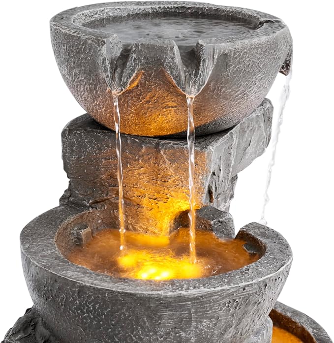 Teamson Home 33" Outdoor Water Fountain with LED Lights | 3-Tier Cascading Bowls, Weather-Resistant Resin, Garden Water Feature, Stone Gray