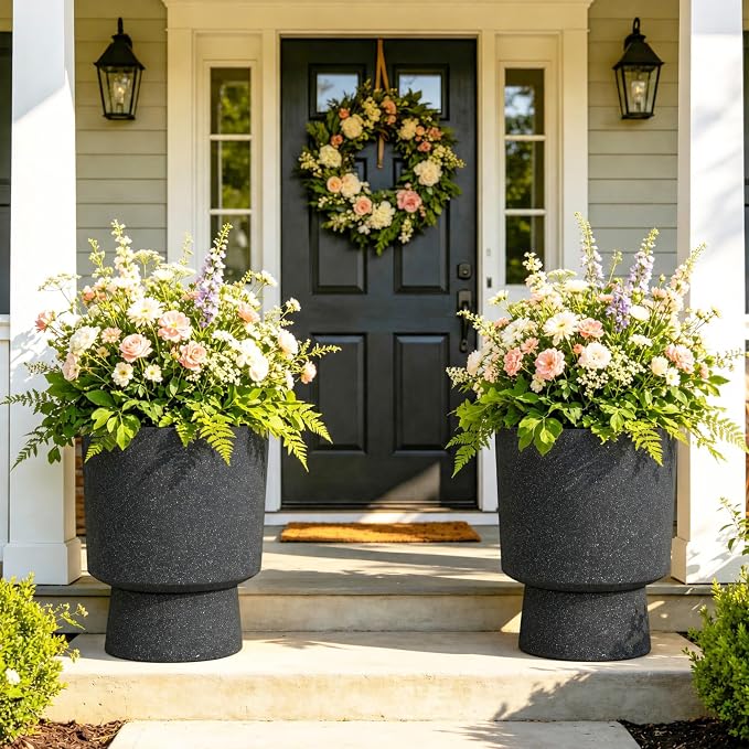 Autodaya 16.8" Black Terrazzo Pedestal Planters Set of 2 with Drainage Hole | Modern Plastic Flower Pots with Weather-Resistant Finish for Indoor or Outdoor Garden, Patio, Balcony, or Entryway Decor