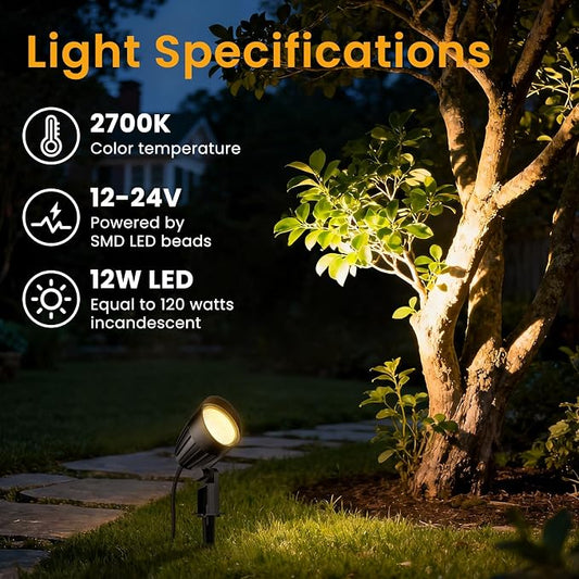 12W Landscape Lighting Kit, Low Voltage Landscape Lights with 150W Transformer 100FT UL-Listed Wire & Connectors, 2700K Waterproof Outdoor Spot Lights for Yard House Tree 12V-24V 12Pack