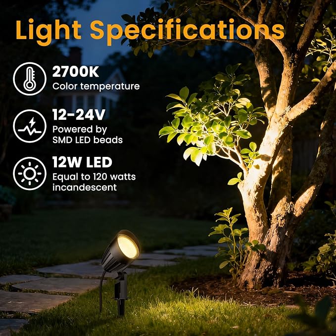 Low Voltage Landscape Lighting Kit, 12W Landscape Lights with 150W Transformer 65FT UL-Listed Wire & Connectors, 2700K Waterproof Outdoor Garden Lights for Yard House Tree 12V-24V 8Pack
