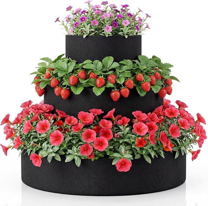3 Tiered Strawberry Planter for Outdoor Plants, 23.6 Inch Heavy Duty Strawberry Garden Planter Grow Bags, Breathable Non Woven Fabric Raised Garden Bed for Vegetables Flower Herbs Gardening