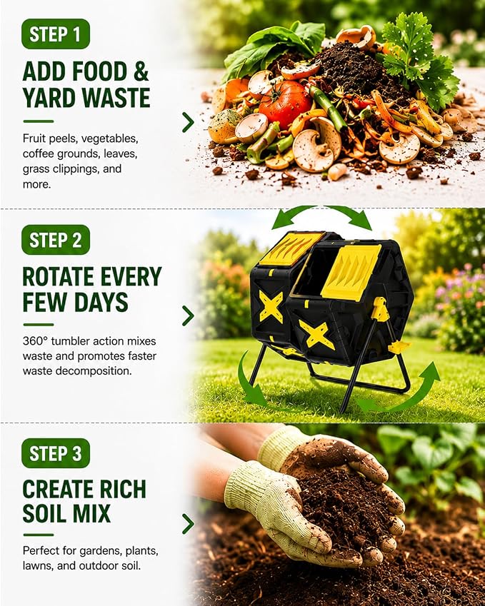 Compost Bin Outdoor - 2 X 18.5 Gal Dual Chamber Compost Tumbler, Outdoor Rotating Composter with Easy-Turn, Fast-Working System