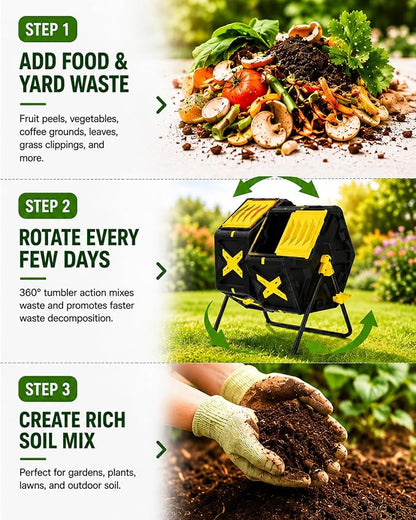 Compost Bin Outdoor - 2 X 18.5 Gal Dual Chamber Compost Tumbler, Outdoor Rotating Composter with Easy-Turn, Fast-Working System
