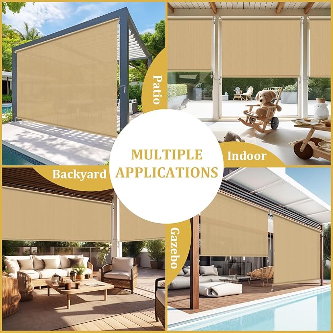 Shade&Beyond Outdoor Roller Shades with Splicing Design, 7' W x 8' H Cordless Patio Roll Up Blinds, Exterior Shade Cloth Roll for Porch, Gazebo, Pergola, Balcony, Wheat