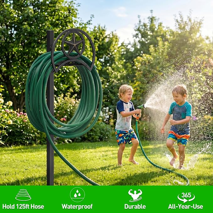 GOFORWILD Garden Hose Holder, Star Decorative, Durable Wall Hose Hanger, Hose Reel, Holds 125-Feet of 5/8-Inch Hose, Made of Gauge Steel