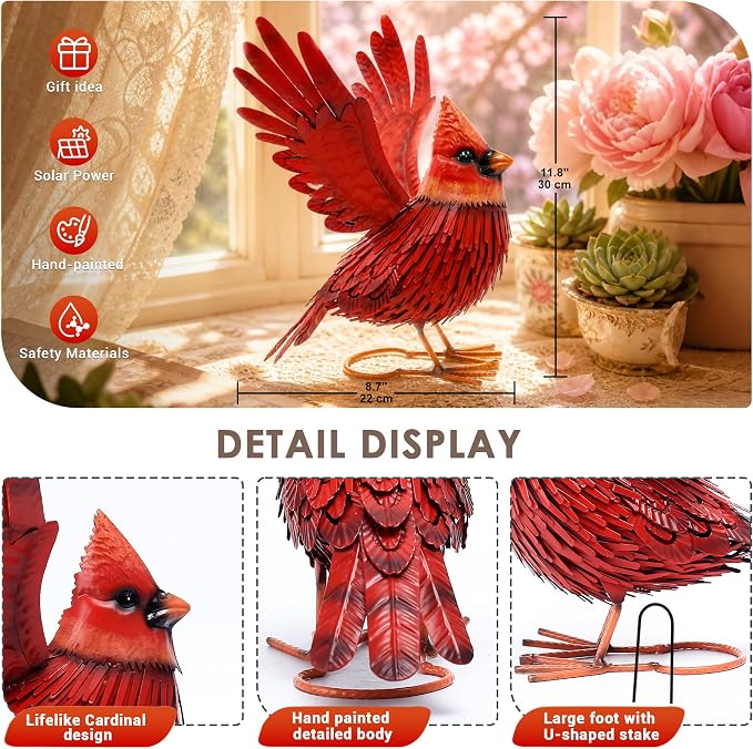 Nacome Cardinal Garden Decor Metal Yard: Art Outdoor Sculptures & Statues Large Red Bird Ornaments for Patio Balcony Front Backyard - Valentines Day Gifts for Her Wife Women Mom Grandma Birthday