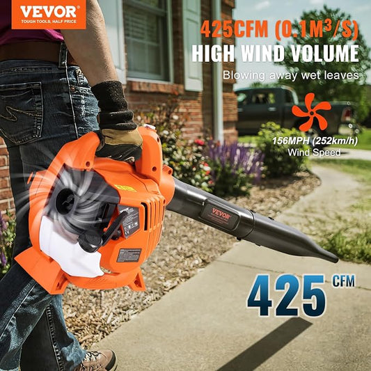 VEVOR Gas Leaf Blower, 26CC 2-Cycle Handheld Leaf Blower Gas Powered with 425-CFM and 156-MPH Powerful Performance, Ideal for Lawn Care, Leaf Cleaning, and Snow Removal