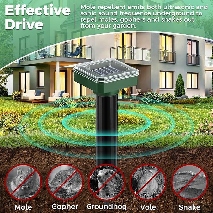 Mole Repellent Solar Powered 10 Pack, Ultrasonic Gopher Deterrent for Garden & Lawn, IP44 Waterproof Vole & Snake Repeller Outdoor, Sonic Spike Pest Control for Getting Rid of Groundhog, Skunk, Rodent
