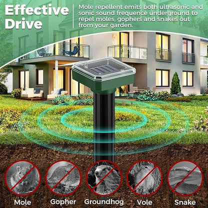 Mole Repellent Solar Powered 10 Pack, Ultrasonic Gopher Deterrent for Garden & Lawn, IP44 Waterproof Vole & Snake Repeller Outdoor, Sonic Spike Pest Control for Getting Rid of Groundhog, Skunk, Rodent