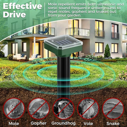 Solar Mole Repellent 10 Pack,Ultrasonic Gopher Vole & Snake Deterrent, Waterproof Sonic Spikes for Pest Control, Groundhog Chipmunk Rodent Repeller for Large Yard Lawn Garden & Grassland