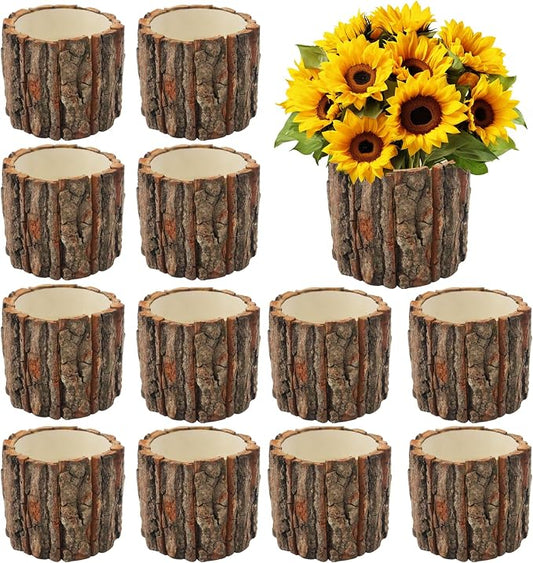 12 Pcs Wooden Vases for Centerpieces, Wood Flower Vase Rustic Tree Stump Planter Pots for Woodland Party Wedding Window Home Farmhouse Christmas Table Decor